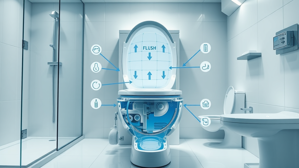 technical diagram of a dual-flush toilet with internal water-saving mechanisms - gallons per flush and water-saving details, efficient fixture