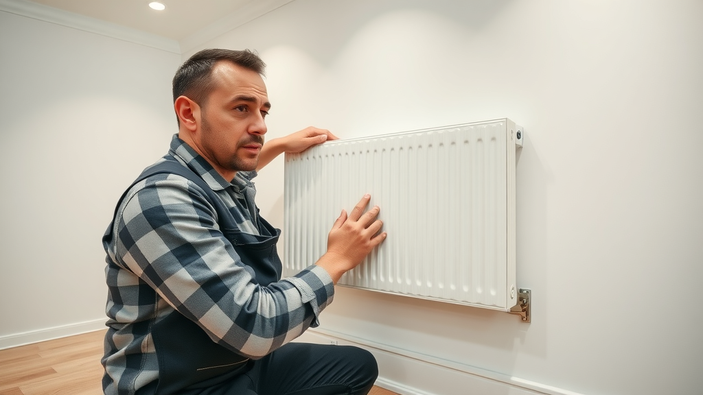 Professional installer mounting new radiator onto wall brackets