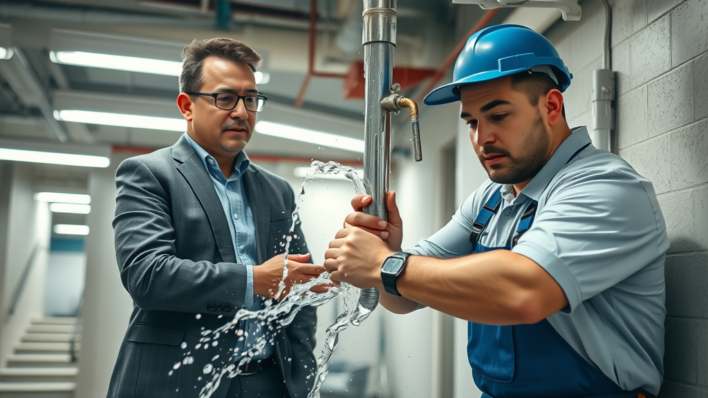Emergency commercial plumber Chesterfield swiftly repairing leaking pipe in modern office basement, water pooling on floor, concerned business owner