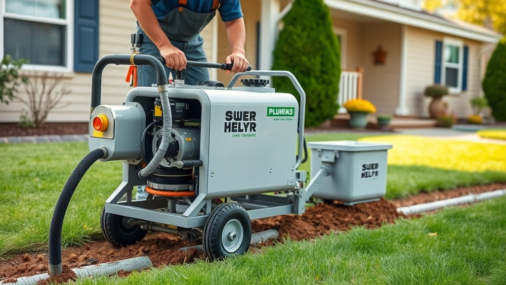 pipe repair - Professional plumber uses modern trenchless repair technology on a sewer line in residential yard, green grass and detailed equipment