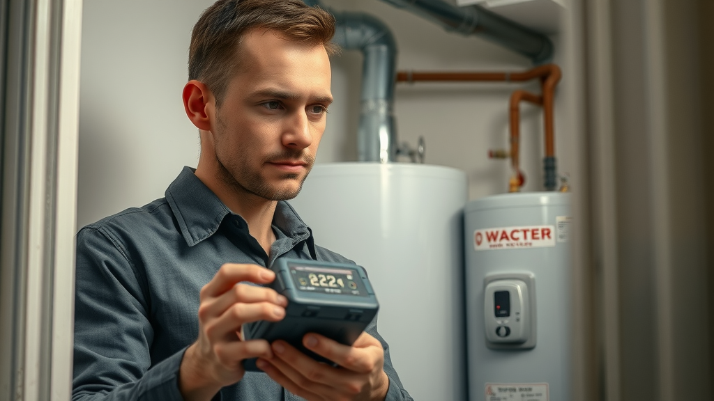 Technician inspecting malfunctioning water heater during emergency plumbing repair in Chesterfield home utility closet