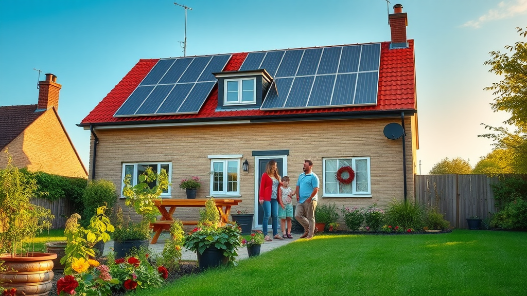 UK home with roof solar thermal panels providing low carbon water heating, family in garden