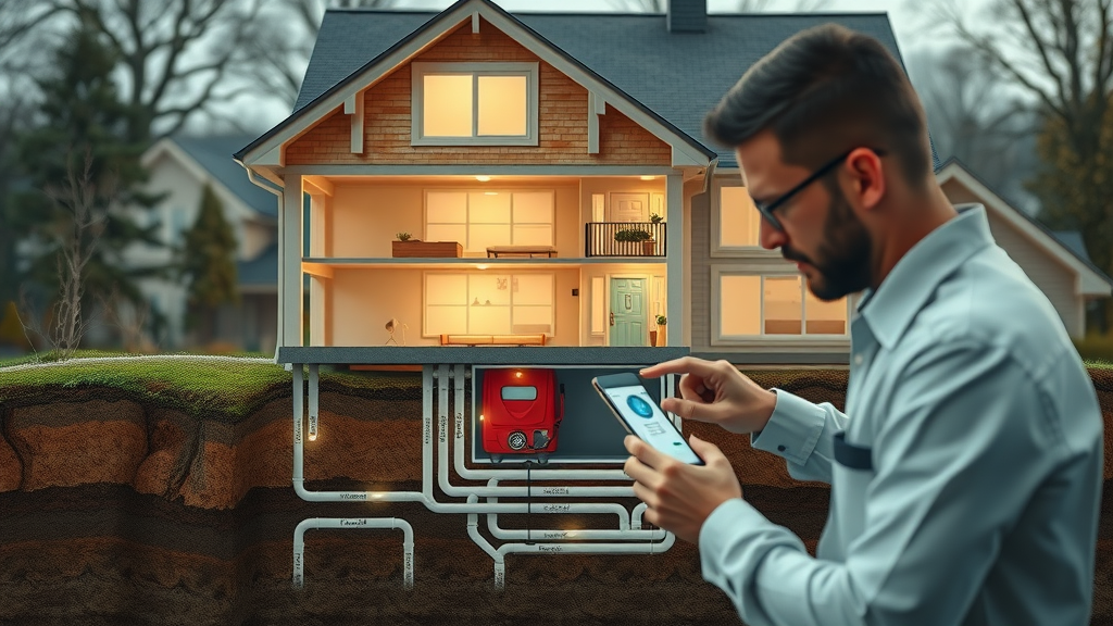 geothermal heat pump system cross section suburban home technician geothermal pipes energy efficiency