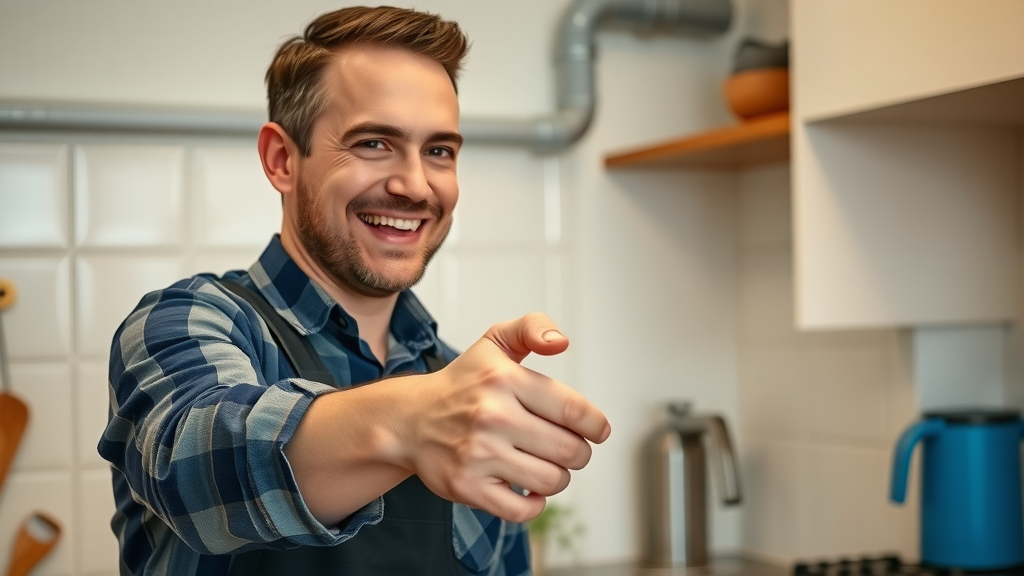 relieved homeowner shaking plumber