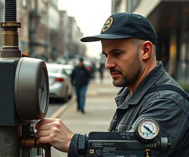 meticulous gas technician, attentive expression, calibrating gas meter, photorealistic, urban street with parked cars and public infrastructure, highly detailed, people walking in the background, f/1.4 aperture, natural lighting, shot with a 50mm lens.