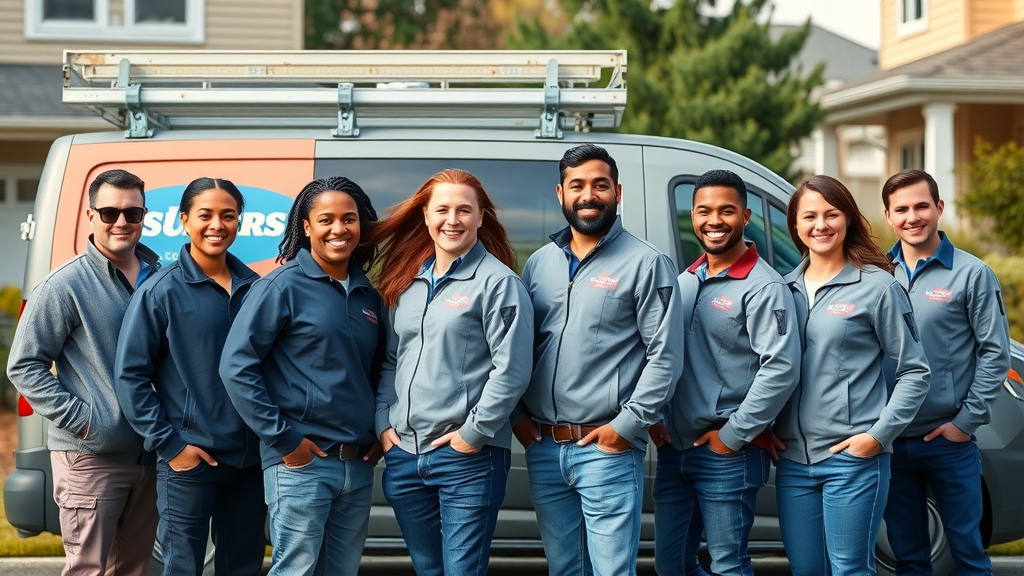 Certified hvac service repair team Chesterfield in residential neighborhood, branded van, uniforms, daytime
