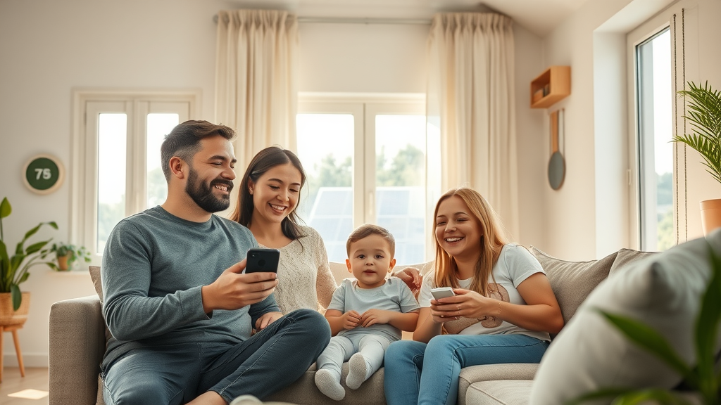 Modern eco-friendly home interior with sustainable plumbing and heating, family enjoying comfortable temperature, solar panels and smart thermostat