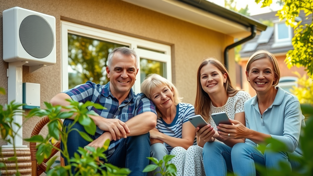 Eco-friendly British home with modern low carbon footprint heating systems like solar panels and a heat pump, family relaxing, green leafy suburban background