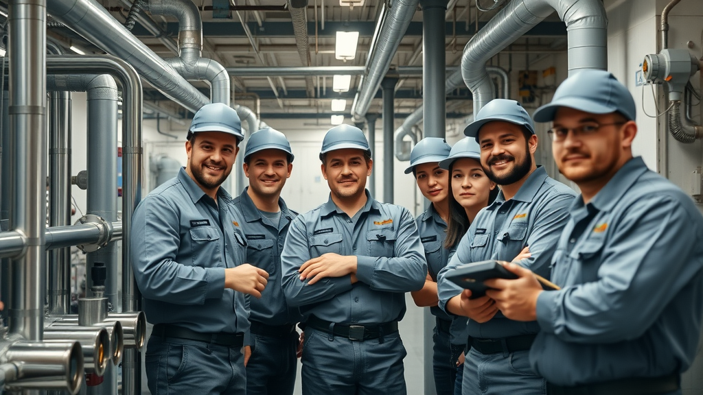 commercial plumbing services in chesterfield - team of plumbers inspecting plumbing system in utility room