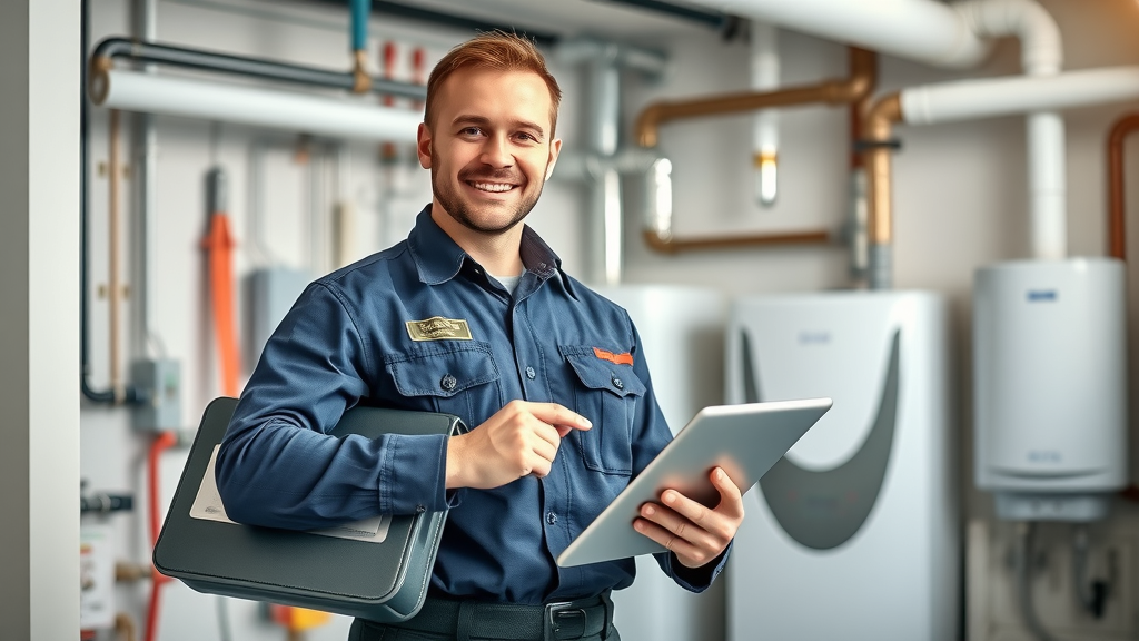 professional plumber in Chesterfield with toolbox and tablet, plumbing and heating chesterfield