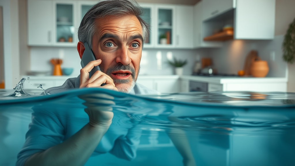 emergency plumbing repair - alarmed homeowner discovers flooded kitchen submerged in water, emergency plumber called