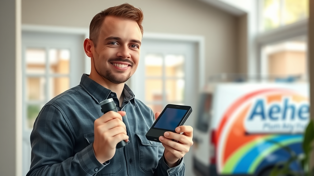 helpful technician with smart leak detection device, plumbing leak detection technology installation service