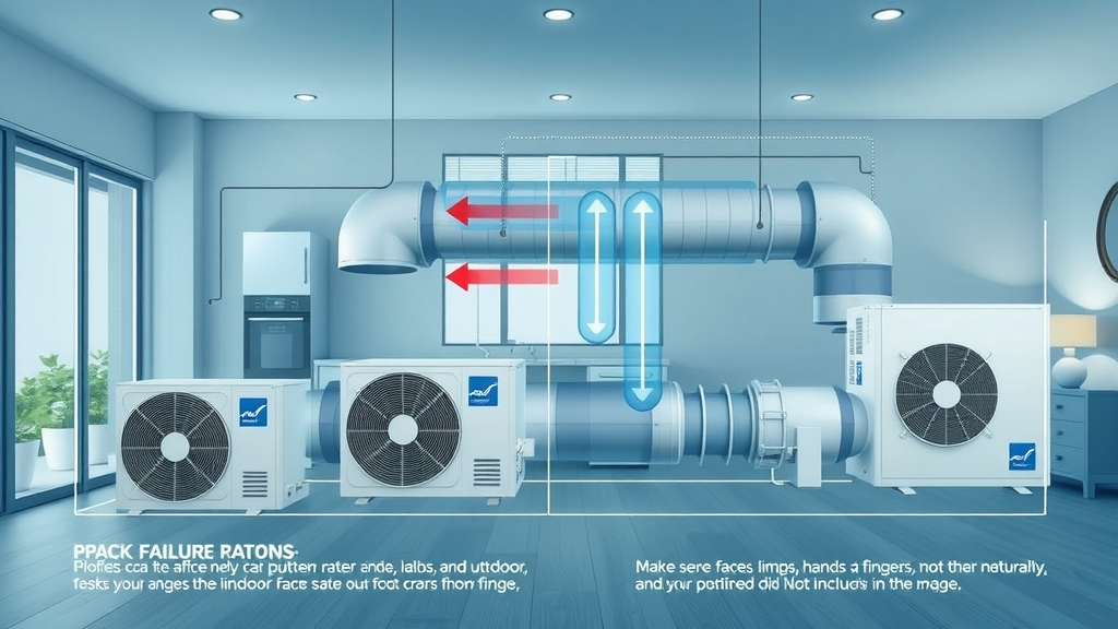 hvac system maintenance infographic - modern HVAC system components, failure prevention illustration, indoor and outdoor units, airflow arrows, modern home background