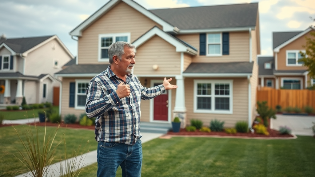 modern suburban Chesterfield home exterior, concerned homeowner standing outside, pointing toward the house, neat lawns, neighboring houses, plumbing services Chesterfield