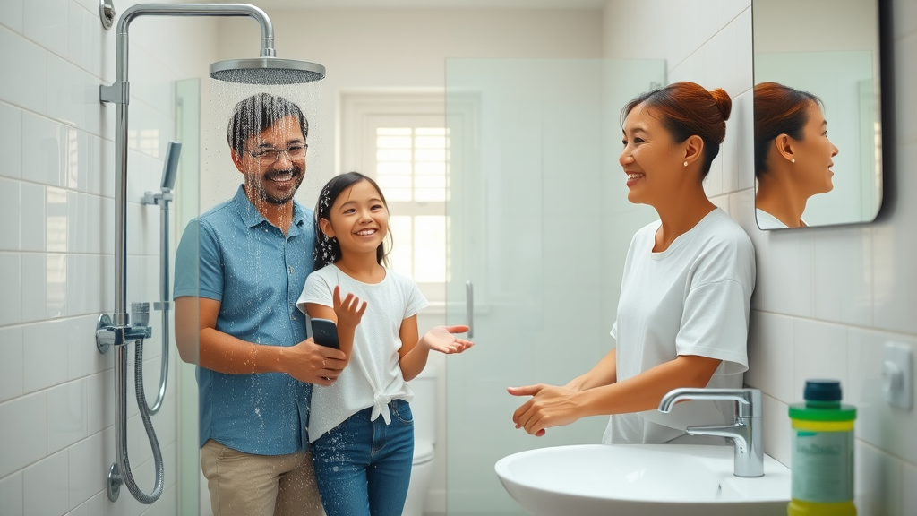 Modern family bathroom with cheerful occupants admiring newly installed low-flow fixtures, showing showerhead and sink - low-flow fixtures