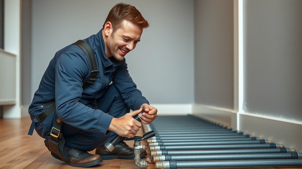 heating engineer installing underfloor heating system in Chesterfield modern home
