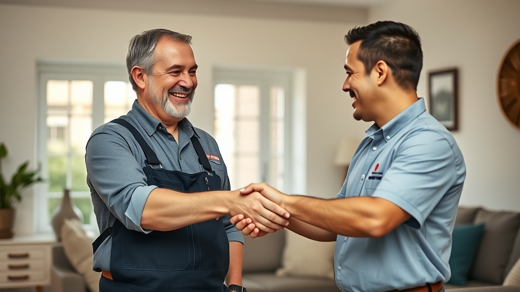 Happy Chesterfield homeowner shaking hands with a professional plumber