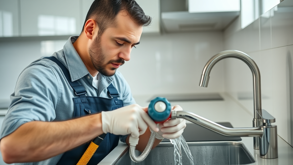 Professional plumber inspecting modern kitchen sink for qualified plumber services