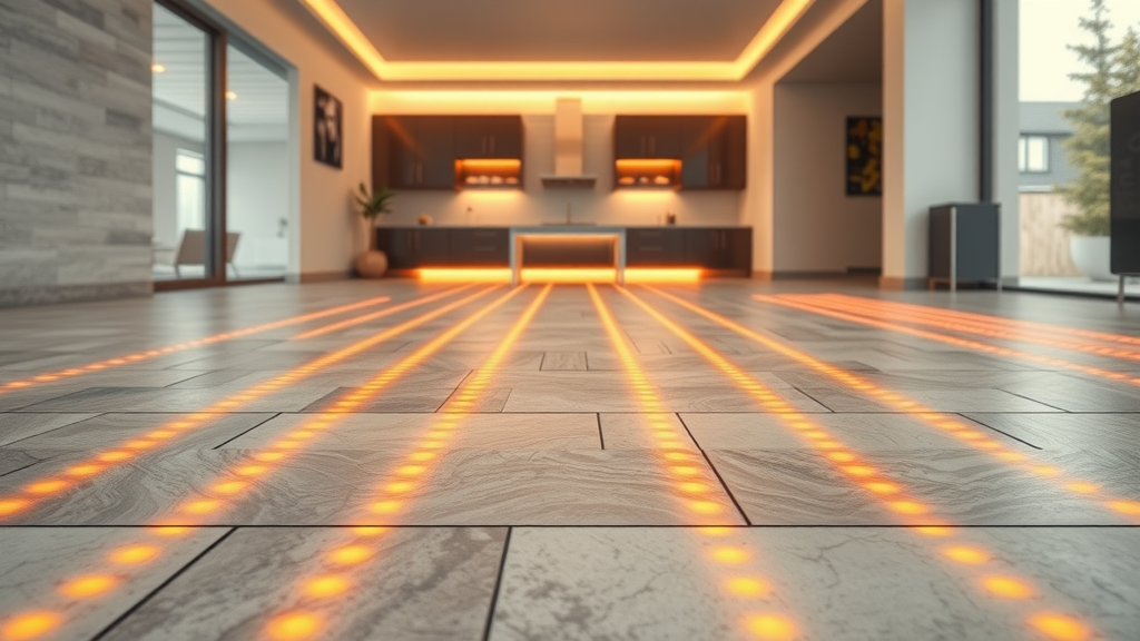 electric underfloor heating chesterfield cross-section beneath tile floor glowing heat