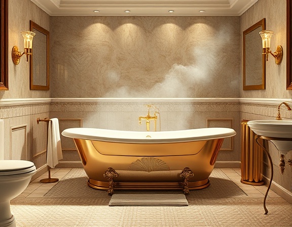 luxurious bathroom Chesterfield, content expression, positioning new bathtub, photorealistic, lavish bathroom with gold fixtures and mosaic walls, highly detailed, steam and mist, ultra-high definition, warm beige, soft overhead lighting, shot with a 24mm lens