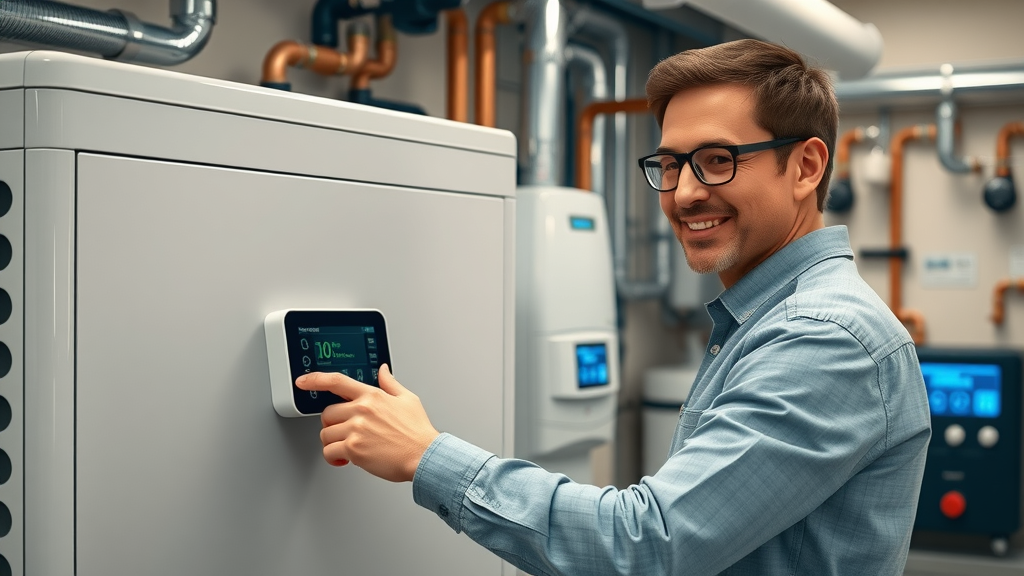 modern heat pump in utility room with smart controls and organized plumbing, energy efficient plumbing system