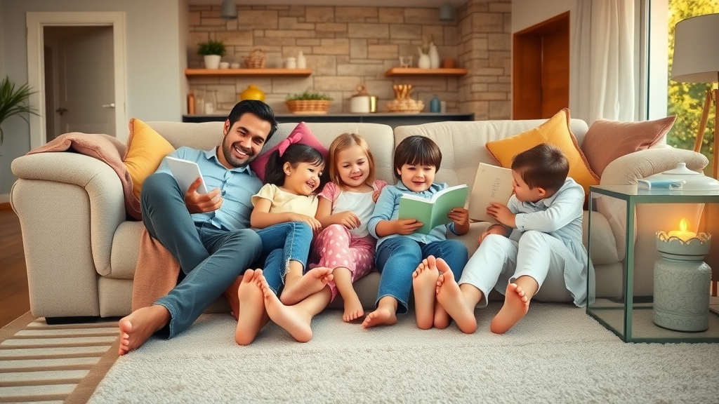 family enjoying floor heating Chesterfield, relaxing on cozy floor with radiant warmth and children playing