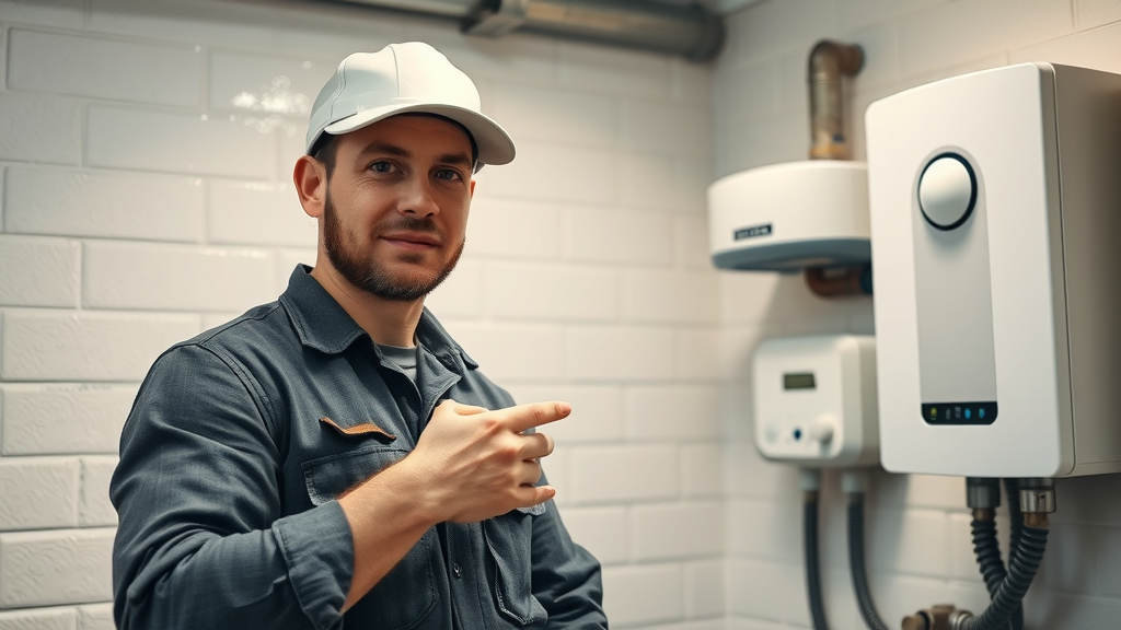 Plumber installing a modern tankless water heater for energy-efficient plumbing