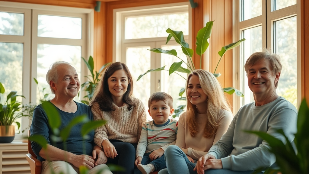 Environmentally friendly heating tips cozy living room with energy-efficient features, houseplants, and natural sunlight