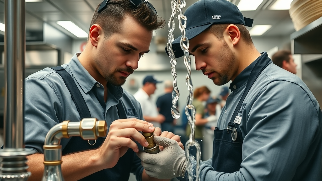 dynamic commercial plumbing team inspecting burst pipe in restaurant - commercial plumber Chesterfield