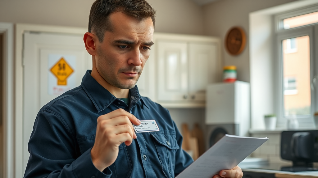 A skilled plumbing and heating Chesterfield engineer in navy blue workwear carefully checks their Gas Safe ID badge in a Chesterfield kitchen, ensuring compliance and customer safety.