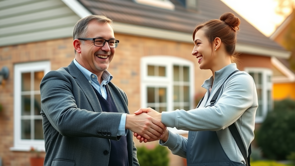 Happy UK homeowner consulting with a heating professional about low carbon footprint heating solutions