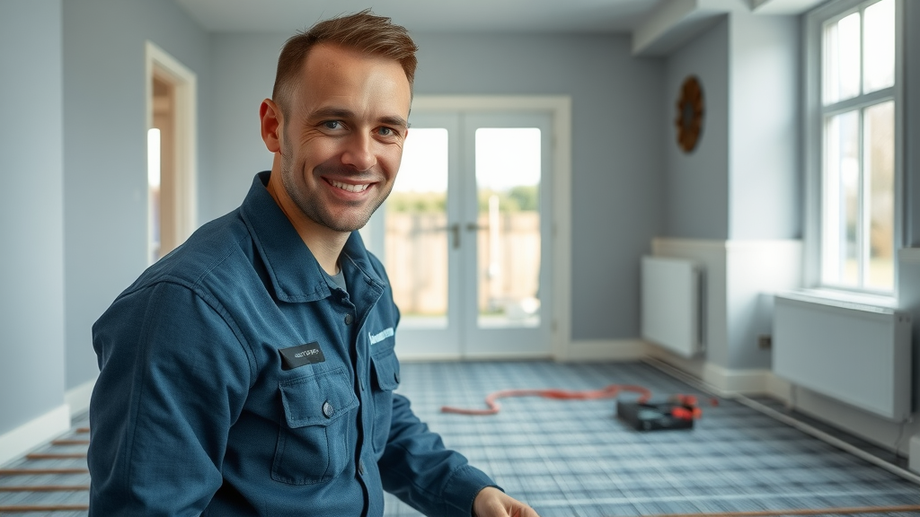 Professional heating engineer in Chesterfield inspecting completed underfloor heating system inside modern home