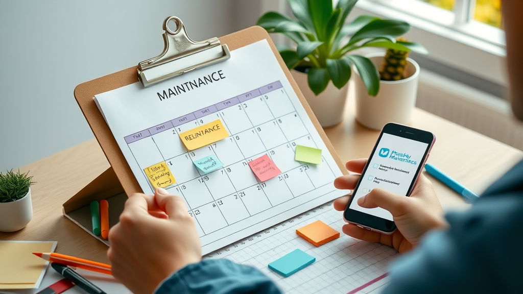 hvac system maintenance planner - seasonal maintenance calendar, digital reminders, work desk background