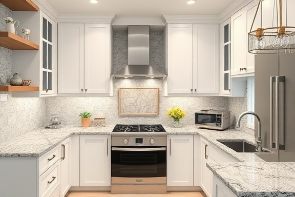 modern kitchen Chesterfield, pleased expression, adjusting cabinet doors, photorealistic, contemporary kitchen with granite countertops and tiled backsplash, highly detailed, sparkles and reflections, 4K resolution, crisp white, bright task lighting, shot with a 24-70mm lens