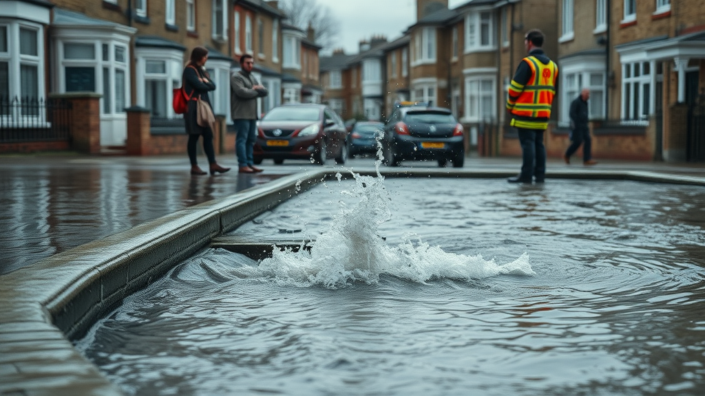 Dramatic overflowing drain on Chesterfield street, blocked drain crisis, urban emergency, drain unblocking chesterfield, emergency workers assessing urban street flooding