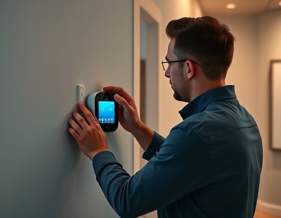 efficient technician, proficient, setting up a smart thermostat, photorealistic, in a modern home with sleek design, highly detailed, digital display glowing, 4K resolution, cool tones, side lighting, shot with a 85mm lens