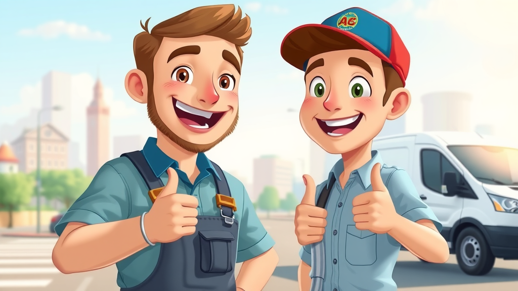 Happy Chesterfield customer leaving positive review for their emergency plumber, plumber van and cityscape in background, cartoon style