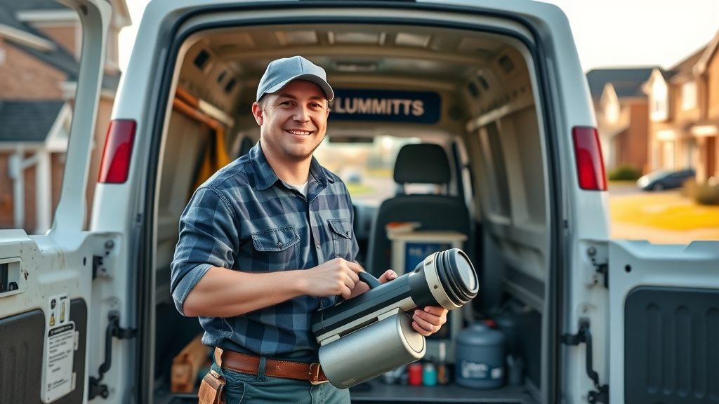 Efficient same day plumber Chesterfield unloading repair tools from branded van, ready for plumbing emergency repairs in Chesterfield neighbourhood