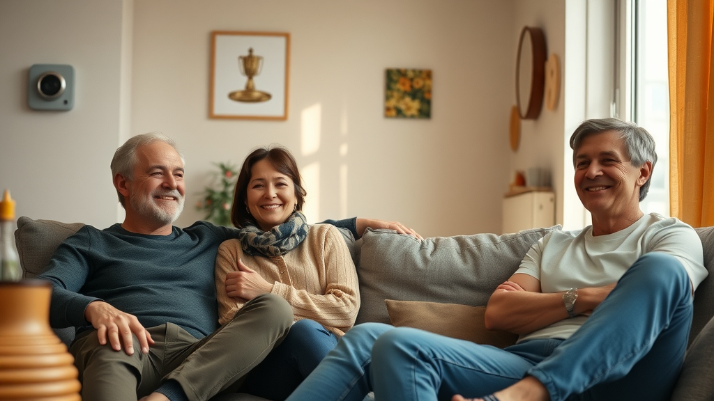 Central heating system in a cozy residential living room, radiators visible, family enjoying warmth.