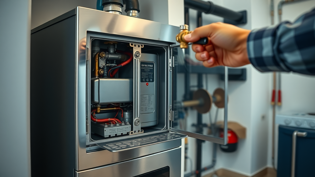 A modern boiler with exposed components during a service check, inside a tidy Chesterfield home, showcasing professional plumbing and heating Chesterfield perfection.