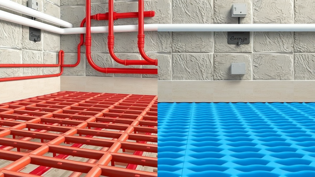 Side-by-side visual comparison of wet underfloor heating pipes and electric underfloor heating mats in Chesterfield home