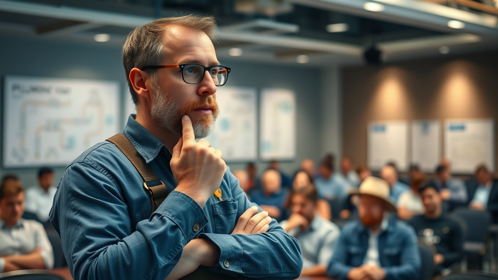 inspiring master plumber sharing best practices at plumbing seminar