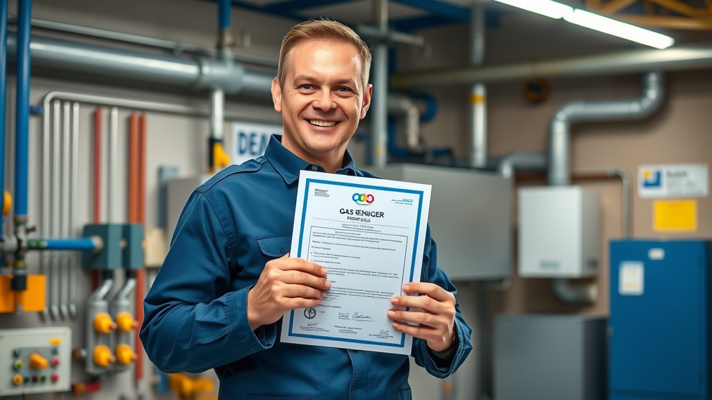 gas safe engineers chesterfield confident engineer holding safety certificate commercial workshop