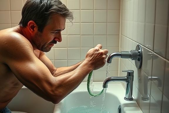 flush Chesterfield, focused expression, handling plumbing snake, photorealistic, in a small bathroom with tiled walls, highly detailed, water splashing, medium shot, shiny tiles, natural morning light, shot with a 35mm lens