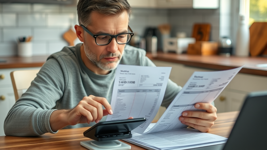 boiler installation repairs and service cost calculation, homeowner at kitchen table with invoices