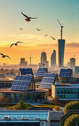 renewable Chesterfield innovation, progressive, developing green technologies, photorealistic, urban skyline adorned with renewable energy systems, highly detailed, interactive elements like birds and people, balanced colors, afternoon glow, shot with a Fujifilm XF 18-55mm f/2.8-4 R LM OIS lens.