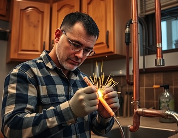 experienced plumber, confident, soldering copper pipes, photorealistic, in a renovated kitchen with wooden cabinets, highly detailed, sparks flying, high resolution, earthy tones, ambient lighting, shot with a 35mm lens