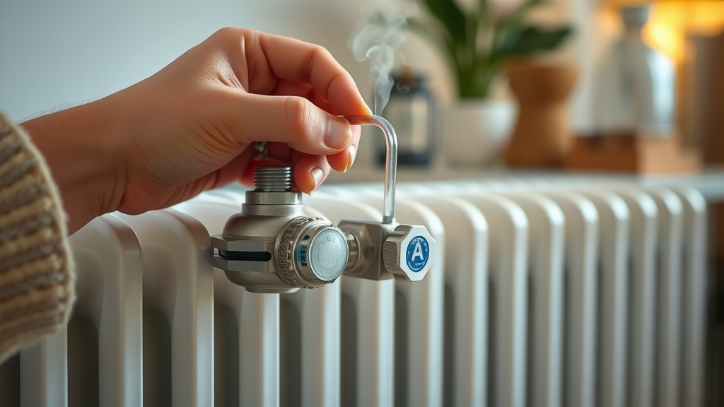 Close-up hands opening radiator bleed valve after installation, steam rising