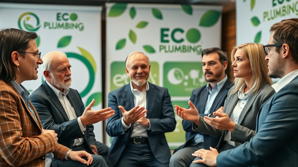Panel of industry experts and environmentalists discussing sustainable plumbing and heating trends