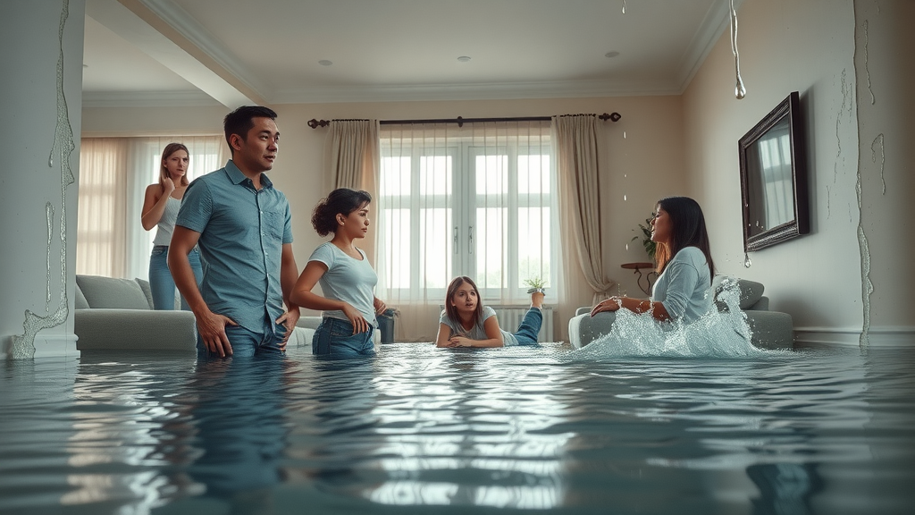 dramatic flooded family home interior showing burst pipe water damage in Chesterfield